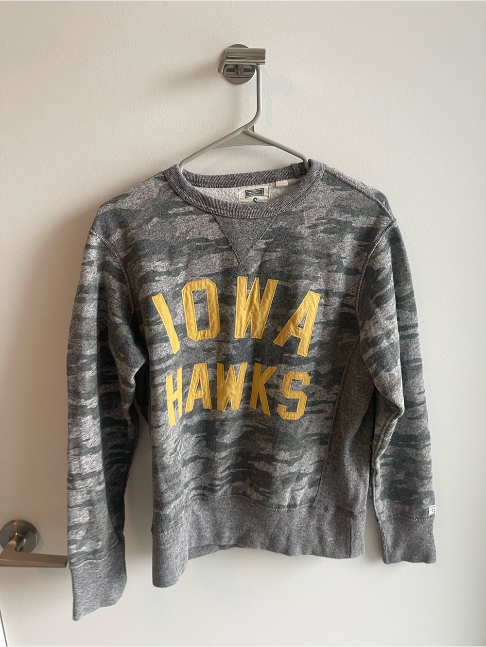 Iowa Hawks Gray Camouflage Pullover Sweatshirt with Gold Lettering